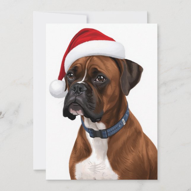 Tarjeta Festiva Boxer Dog Merry Christmas Santa Hat Art (Anverso)