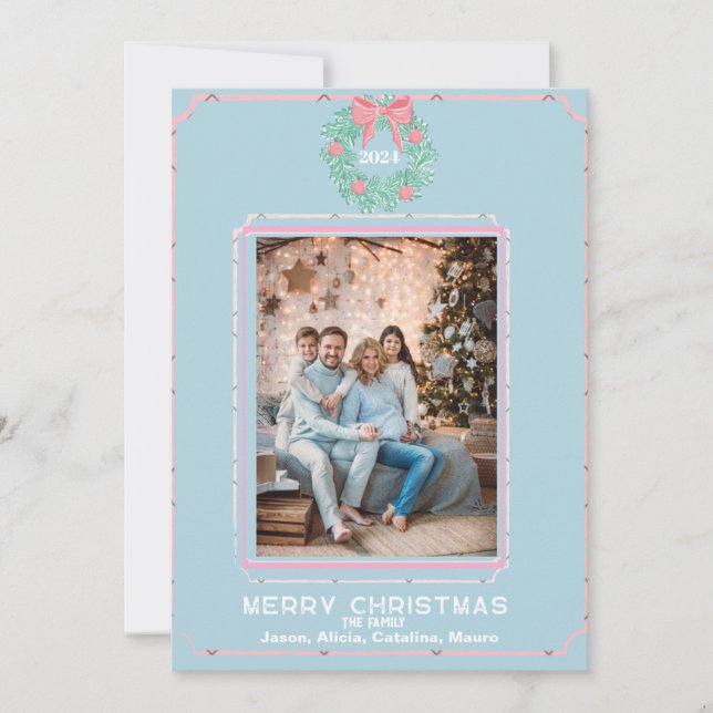 Tarjeta Festiva Boxwood Wreath  with Pink Bows (Anverso)