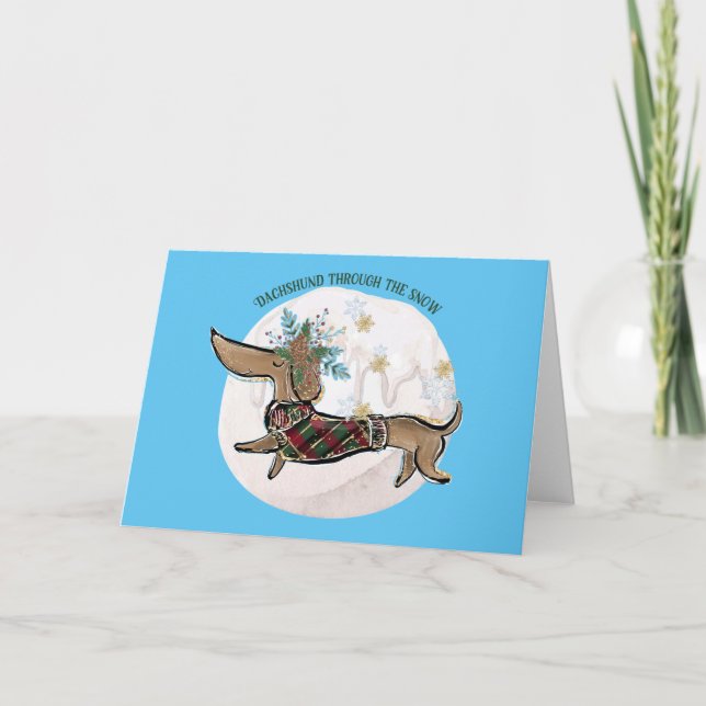 Tarjeta Festiva Boy Dachshund A Través De La Nieve (Anverso)
