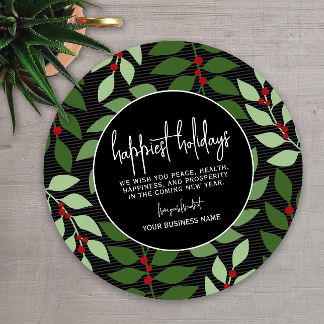 Tarjeta Festiva Branding Business - Negro Green Botanical Happiest (A modern holiday card design for any small business)