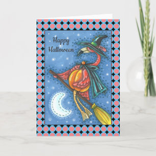 TARJETA FESTIVA BRAZA DE FLAMINGO ROSA, VOLANDO SOBRE LA LUNA EN U