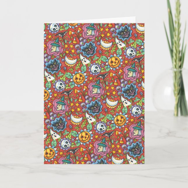 TARJETA FESTIVA BRAZO, GATO, FANTASMA, COLORIDO JARDÍN DEL PUEBLO  (Anverso)