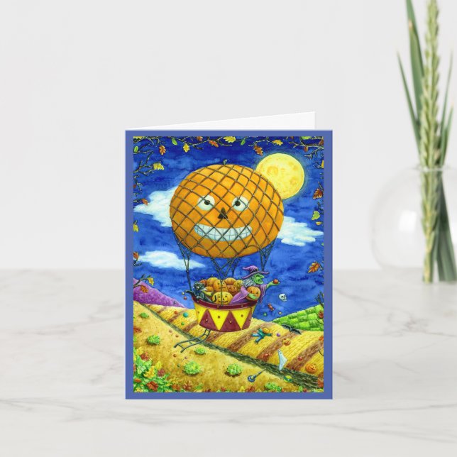 TARJETA FESTIVA BRAZO, GATO NEGRO EN BALLÓN DE AIRE CALIENTE ARTE  (Anverso)