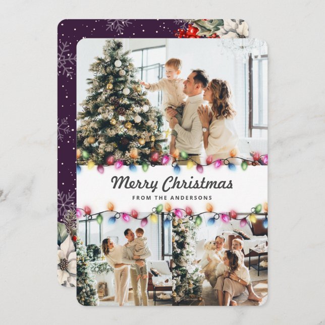 Tarjeta Festiva Bright Christmas Lights Purple Botanical Photo (Anverso / Reverso)