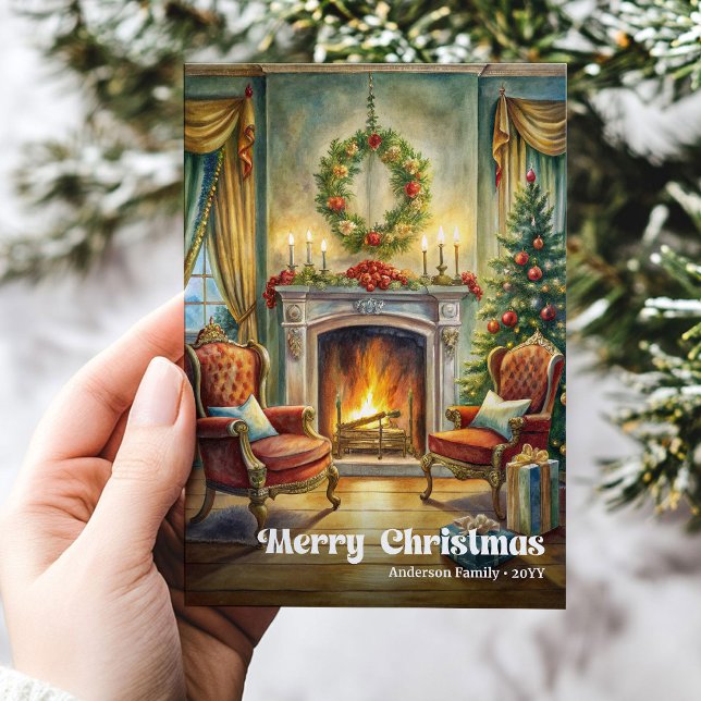 Tarjeta Festiva Bright classic Christmas scene with cozy interior (Bright classic Christmas scene with cozy interior)