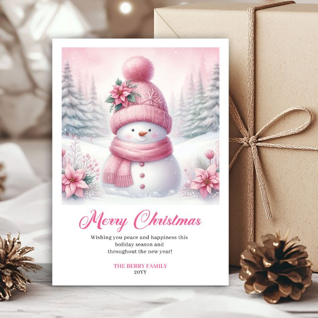Tarjeta Festiva Bright pink snowman Christmas kids greeting card   (Bright pink snowman Christmas kids greeting card editable)