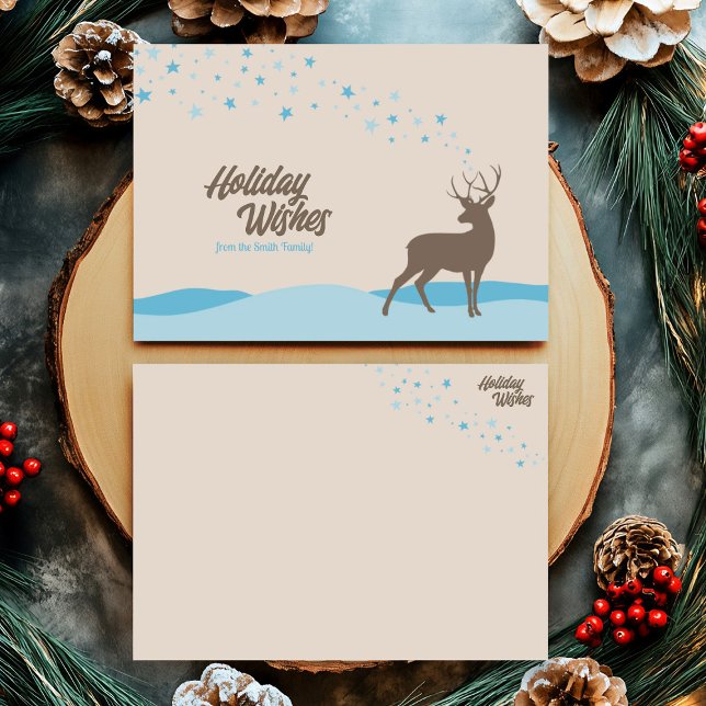 Tarjeta Festiva Brillante lindo sin foto invierno Woodland Deer (Whimsy non photo holiday card with deer in winter scene and light blue stars.)