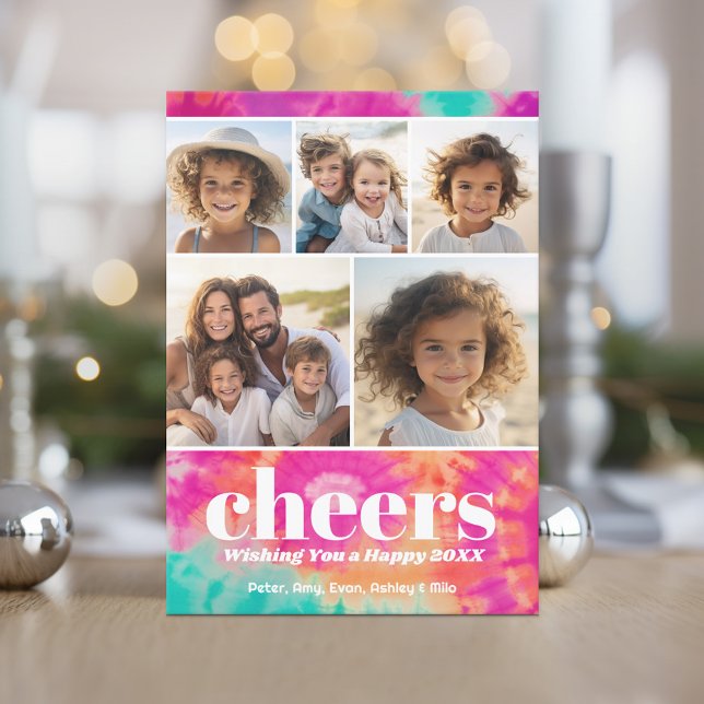 Tarjeta Festiva Brillante tinte de empate - 5 foto - Saludos al Añ (Retro Tie Dye Pattern Christmas Card. Add a little color to your holiday with this online photo card)