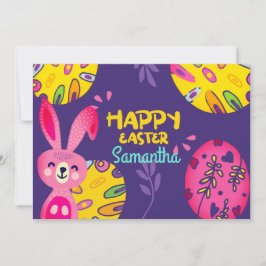 Tarjeta Festiva Brillante y colorido conejo rosa de Pascua, morado