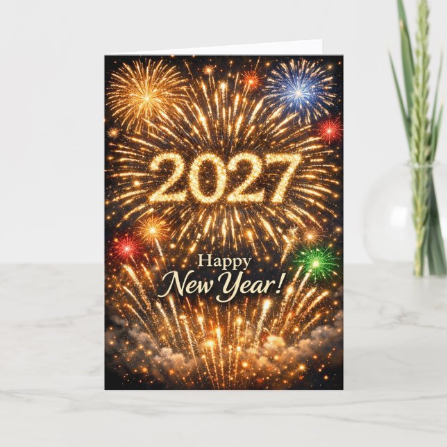 Tarjeta Festiva Brilliant Golden Fireworks Happy New Year 2027 (Anverso)