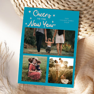 Tarjeta Festiva Brindis por el Año Nuevo Aqua Azul Multi Foto