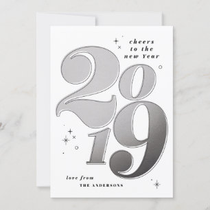 Tarjeta Festiva Brindis por el año nuevo en negrita plata 2019
