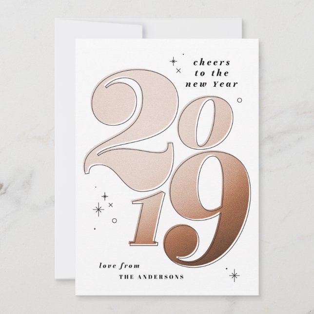 Tarjeta Festiva Brindis por el nuevo año cobre atrevido 2019 (Anverso)