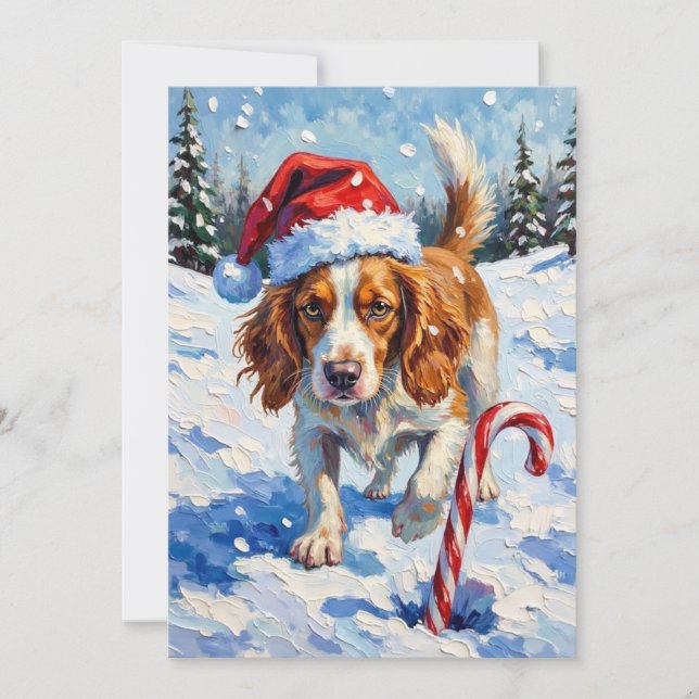 Tarjeta Festiva Brittany Spaniel Dog Pointing at Christmas Candy (Anverso)