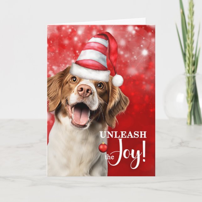 Tarjeta Festiva Brittany Spaniel Dog Unleash the Joy Christmas (Anverso)