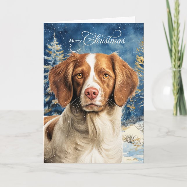 Tarjeta Festiva Brittany Spaniel Dog Woodland Forest Christmas (Anverso)