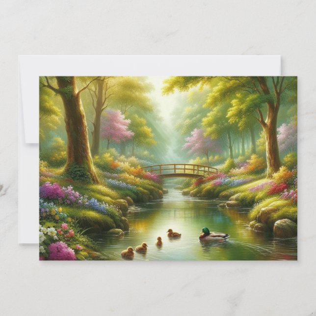 Tarjeta Festiva Brook de primavera con patos/flores (Anverso)