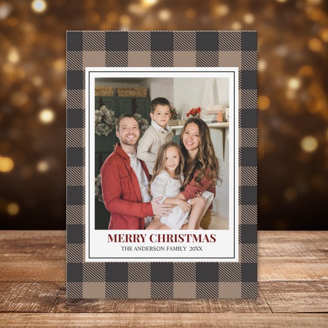 Tarjeta Festiva Brown Buffalo Plaid with Christmas Family Photo (Subido por el creador)