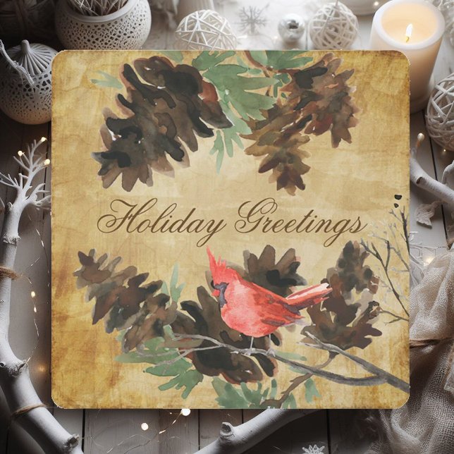 Tarjeta Festiva Brown w. Red Cardinal Pine Cones Holiday Card (Subido por el creador)