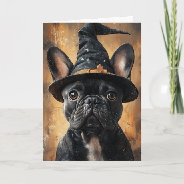 Tarjeta Festiva Bruja Bulldog Francés Halloween (Anverso)