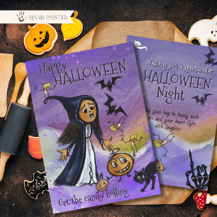 Tarjeta Festiva Bruja Caprichosa, Calabaza y Maíz de Caramelo Tarj