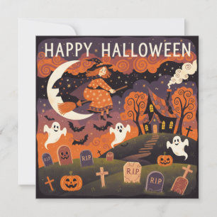 Tarjeta Festiva Bruja caprichosa en la escoba Feliz Halloween