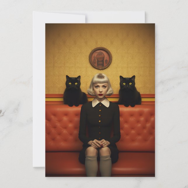 Tarjeta Festiva Bruja con gatos negros (Anverso)