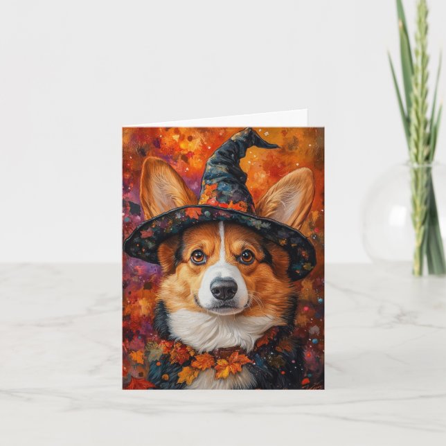 Tarjeta Festiva Bruja Corgi Halloween (Anverso)