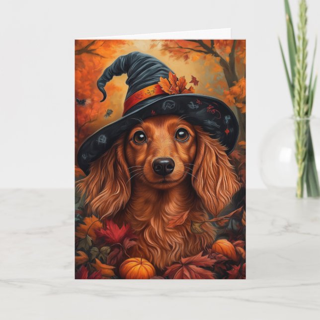 Tarjeta Festiva Bruja Dachshund Halloween (Anverso)