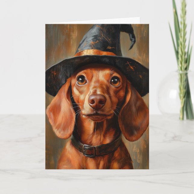 Tarjeta Festiva Bruja Dachshund Halloween (Anverso)