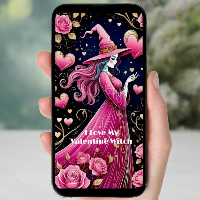 Tarjeta Festiva bruja de arte de línea rosa descargable Valentines (Subido por el creador)