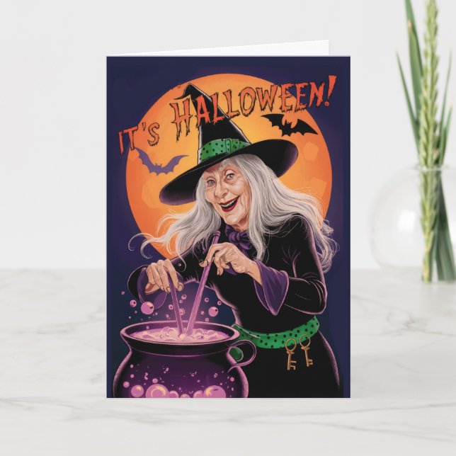 Tarjeta Festiva Bruja de bruja por una cosecha de halloween (Anverso)