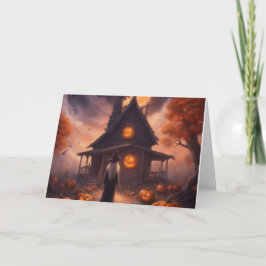 Tarjeta Festiva bruja de Halloween camino a su casa embrujada tarj
