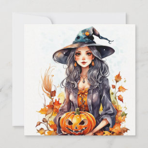 Tarjeta Festiva Bruja de Halloween con calabaza al acuarela
