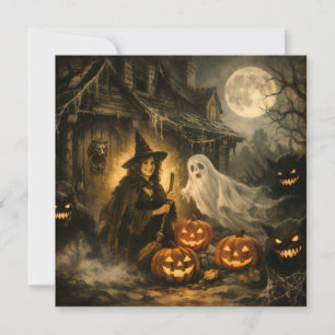 Tarjeta Festiva Bruja de Halloween con fantasma, monstruos y calab