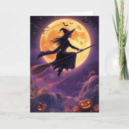 Tarjeta Festiva Bruja de Halloween con Luz de Luna Espeluznante