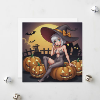 Tarjeta Festiva Bruja de Halloween con Ojo Verde en Jack-O-Lantern