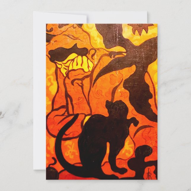 Tarjeta Festiva Bruja de Halloween con un gato negro (Anverso)