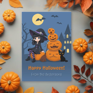 Tarjeta Festiva Bruja de Halloween, gato negro, calabazas de famil