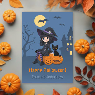 Tarjeta Festiva Bruja de Halloween, gato negro, familia de calabaz
