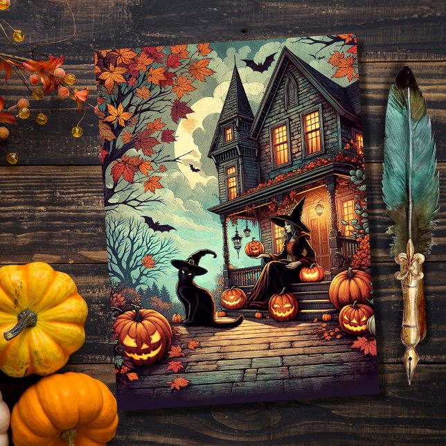 Tarjeta Festiva Bruja de Halloween y gato negro (Subido por el creador)