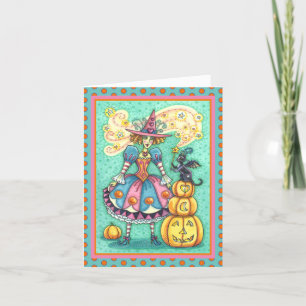 TARJETA FESTIVA BRUJA DE LA FIESTA ROSA ES MAGIA DE HALLOWEEN, GAT