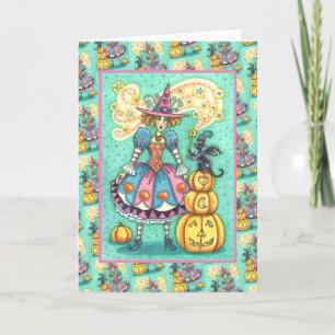 TARJETA FESTIVA BRUJA DE LA FIESTA ROSA ES MAGIA DE HALLOWEEN, GAT