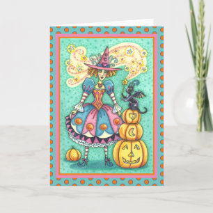 TARJETA FESTIVA BRUJA DE LA FIESTA ROSA ES MAGIA DE HALLOWEEN, GAT