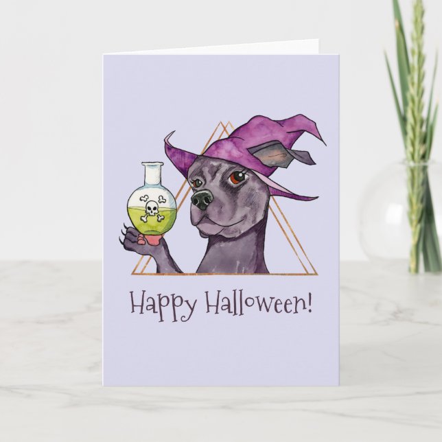 Tarjeta Festiva Bruja del perro, feliz Halloween (Anverso)