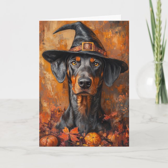 Tarjeta Festiva Bruja Doberman Halloween (Anverso)