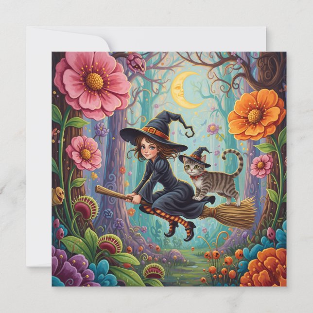 Tarjeta Festiva Bruja en la habitación y Halloween del gato (Anverso)