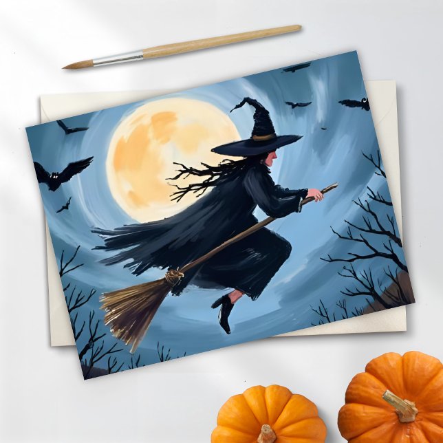 Tarjeta Festiva Bruja en un bastón | Feliz Halloween pintado (Subido por el creador)