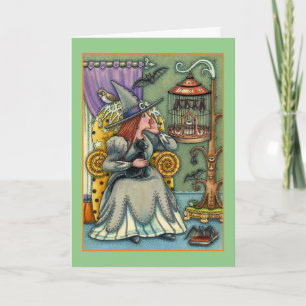 TARJETA FESTIVA BRUJA ENCANTADORA, GATO, MASCOTAS, JAULA DE MURCIÉ