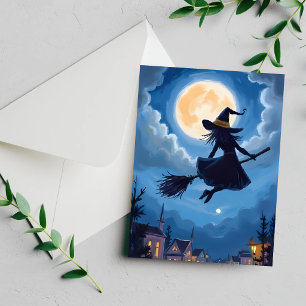 Tarjeta Festiva Bruja Escoba Lunar Halloween Acuarela